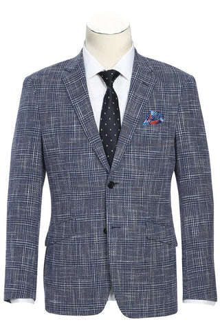 Saco vaquero - Western Sport Coat - Western Blazer - Mens Slim Fit Two Button Wool & Linen Sport Coat Blazer In Blue Windowpane Plaid