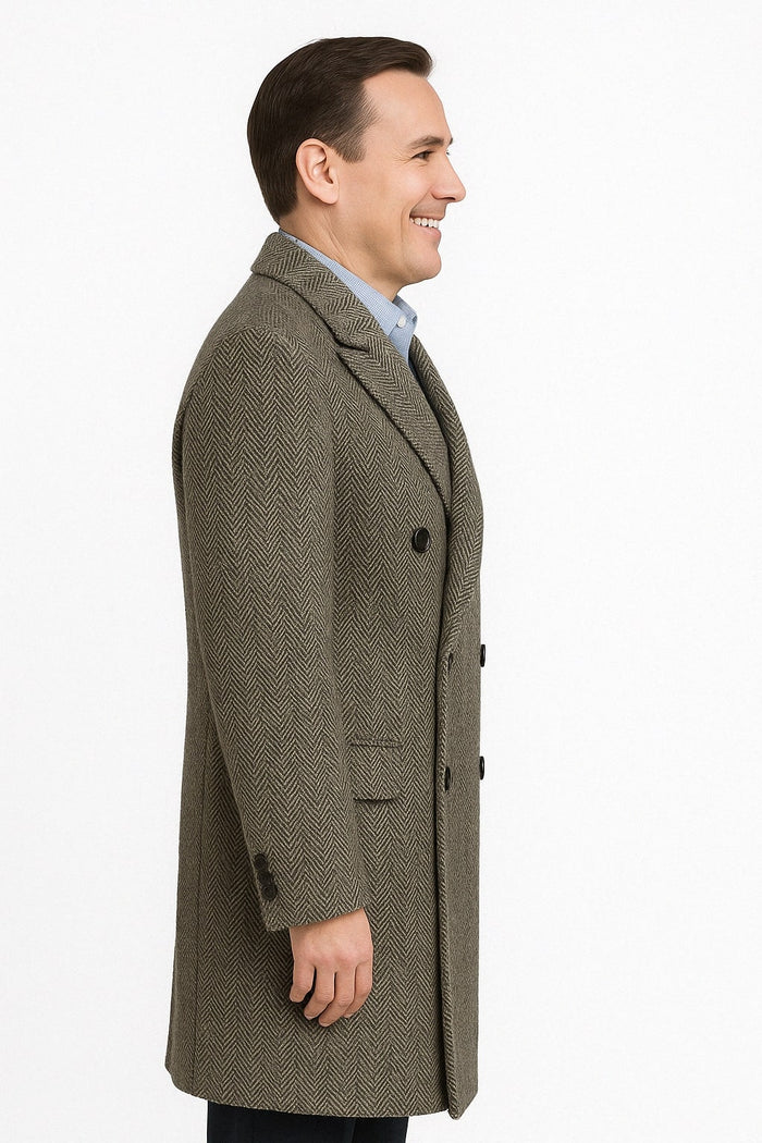 Mens Long Herringbone Wool Overcoat  Classic Double-Breasted Winter Topcoat