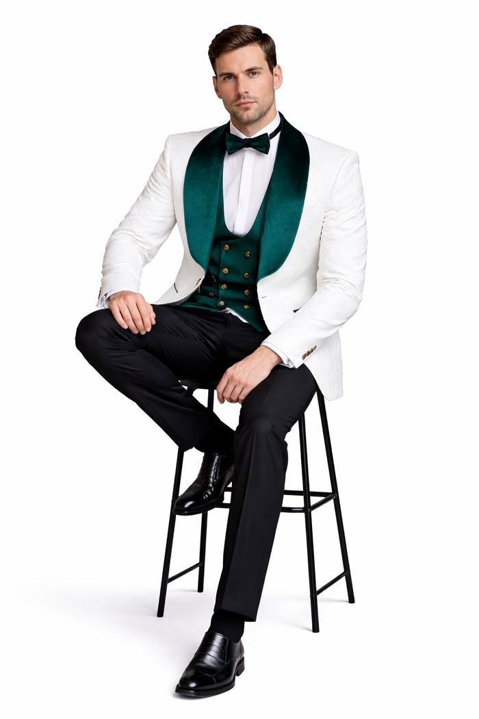 Mens Groom Wedding Shawl Collar - Paisley Green Velvet 4pc Suit W/ Matching Bowtie