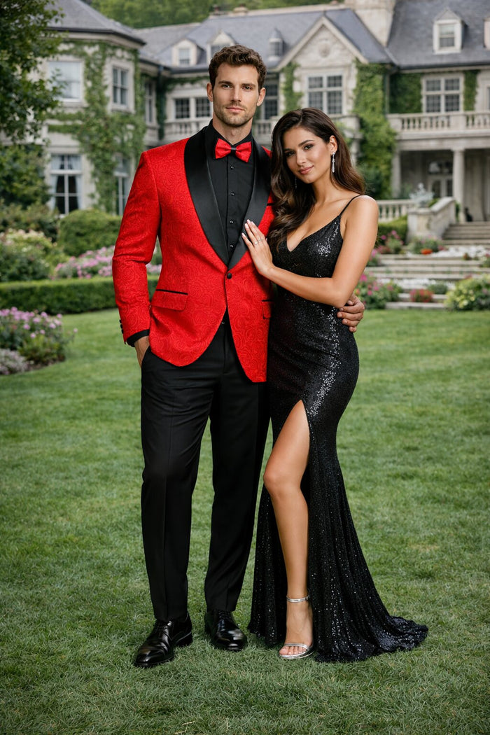 Men's Modern Fit Paisley Jacquard Prom Tuxedo in Red