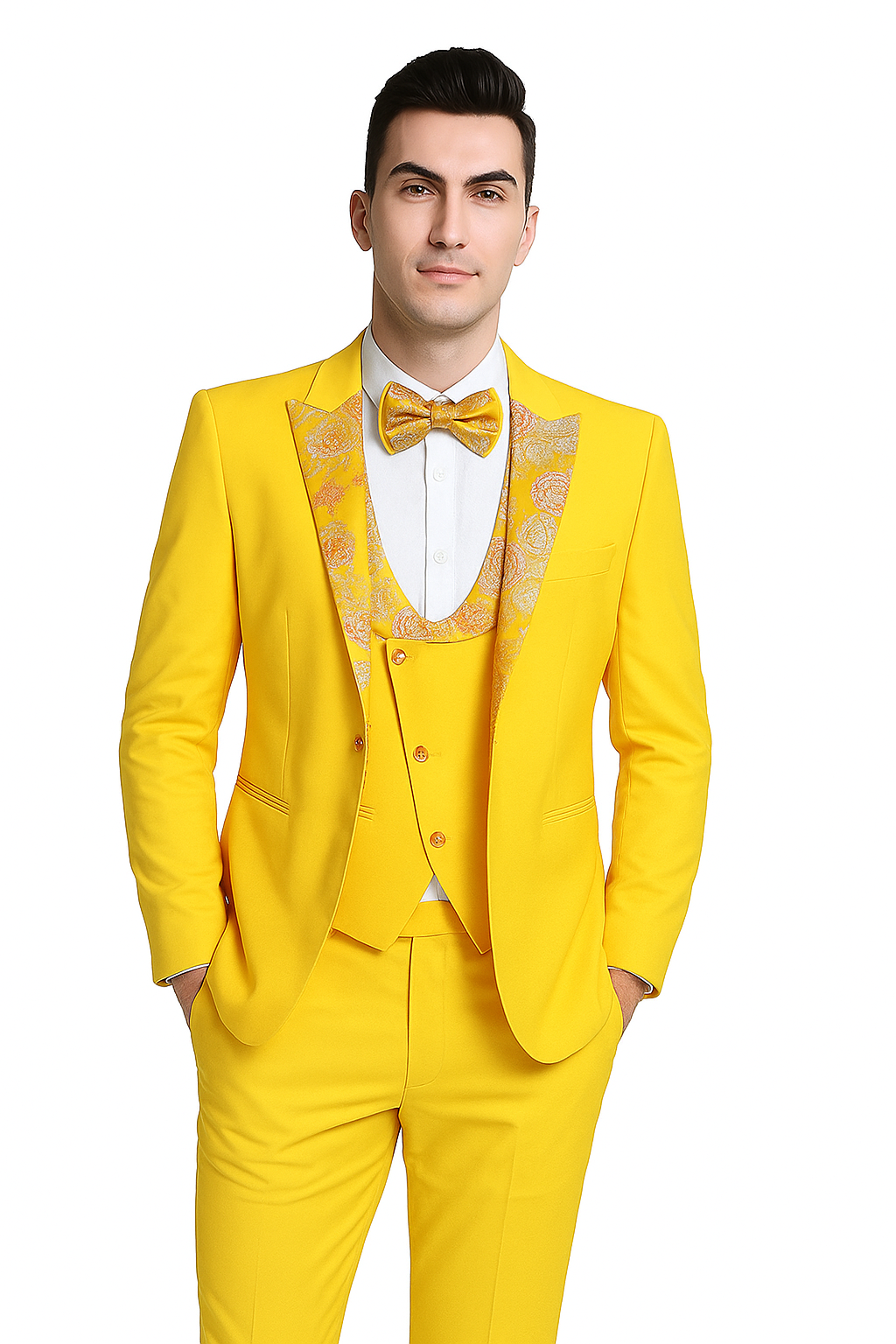 Radiant Golden Bloom Mens 3-Piece Suits with Floral Peak Lapel