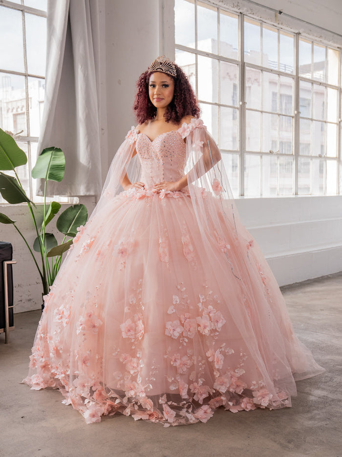 Floral Quinceanera Dress Off-Shoulder Cape Sleeve Ball Gown by Calla SCL-30007