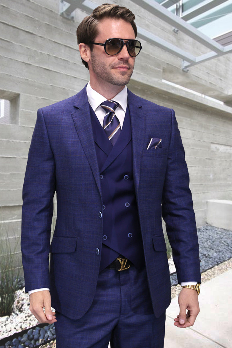 Men's Designer Wool Suit in Sapphire Blue Sharkskin with Double Breasted Vest