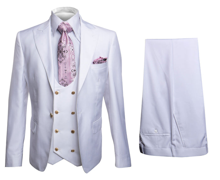 Rossi Man MAX RM1374 Slim Fit 3-Piece Suit ?? Elegant Solid White Formalwear for Men
