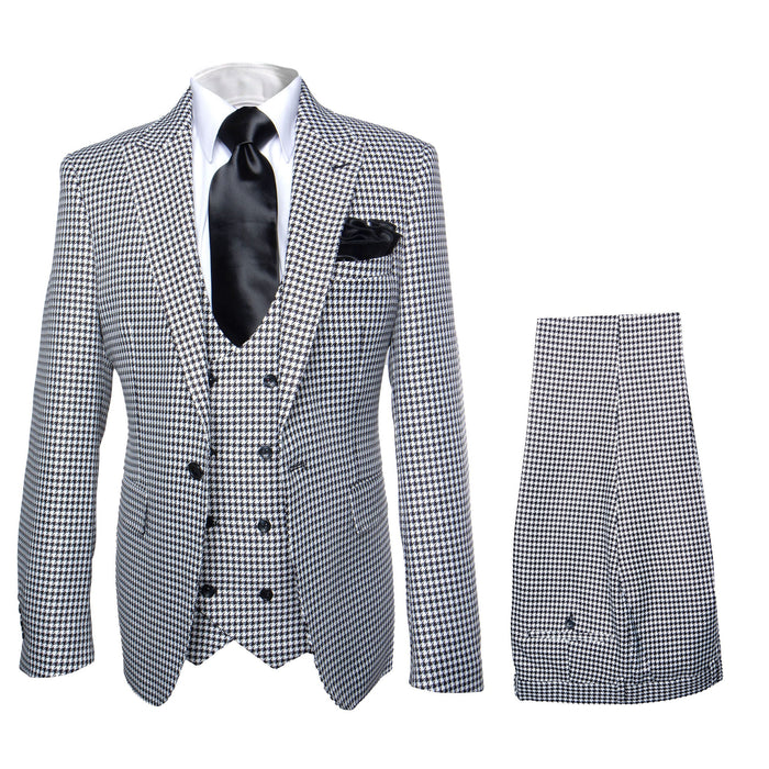 Rossi Man MAX RM1710 Men’s Black and White Houndstooth 3 Piece Suit, Modern Formal Dress Suit