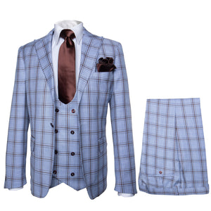 Rossi Man MAX RM1822 Slim Fit 3-Piece Suit ?? Premium Light Blue & Brown Plaid Formal Suit for Men