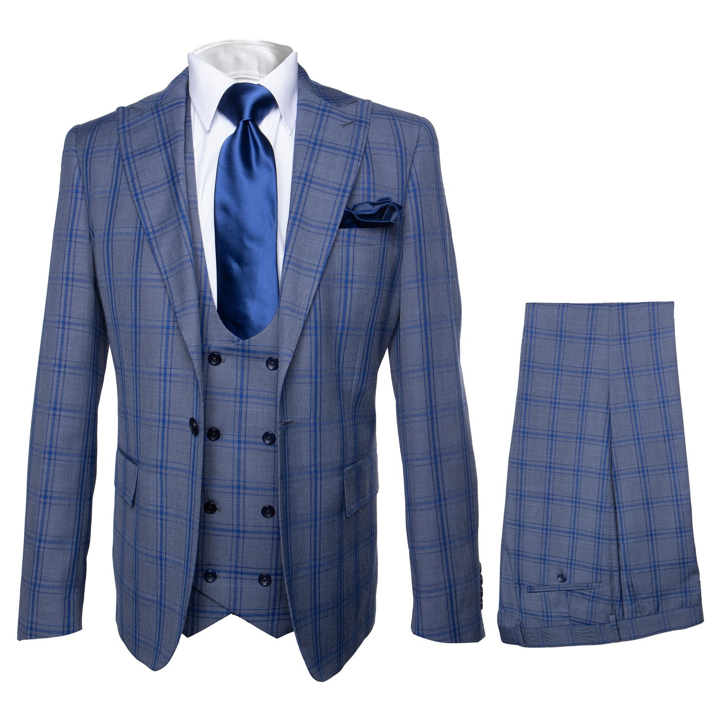 Rossi Man MAX RM1823 Slim Fit 3-Piece Blue Plaid Suit Tailored for Weddings & Business