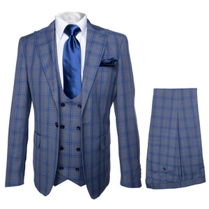Rossi Man MAX RM1823 Slim Fit 3-Piece Blue Plaid Suit ?? Tailored for Weddings & Business
