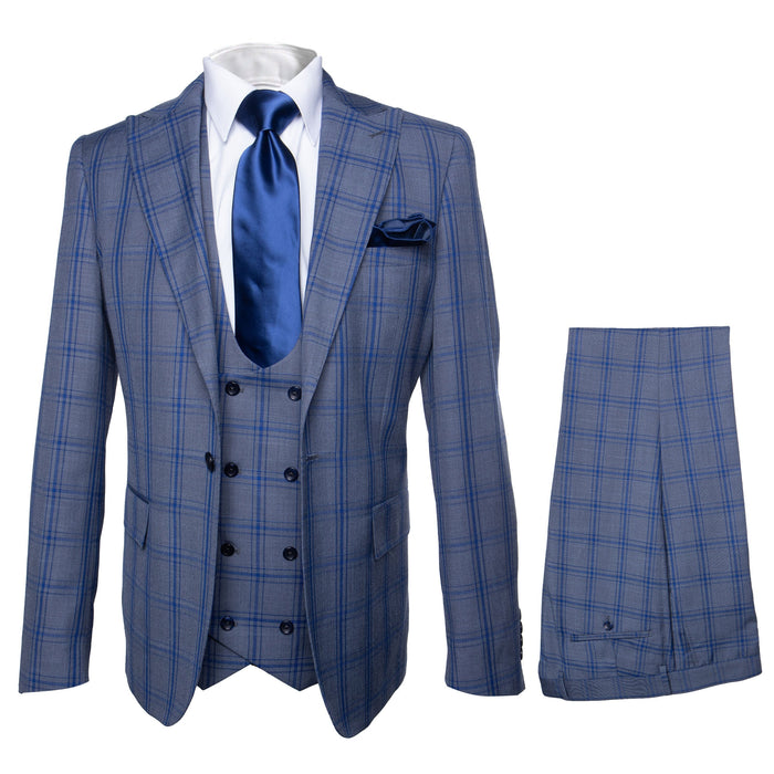 Rossi Man MAX RM1823 Slim Fit 3-Piece Blue Plaid Suit Tailored for Weddings & Business