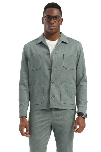 Mens Casual Walking Casual Suit Jacket and Pant Set in Sage Green Safari Military Style 70s Fashion