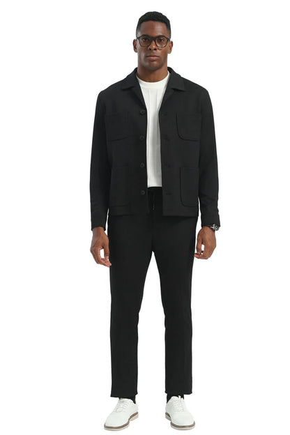 Mens Casual Walking Casual Suit Jacket and Pant Set in Black Safari Military Style 70s Fashion