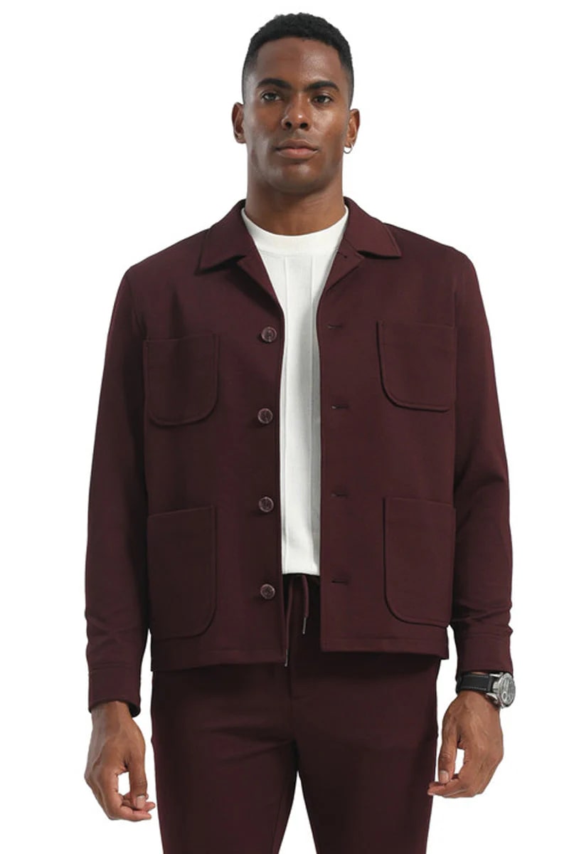 Men's Casual Walking Casual Suit Jacket and Pant Set in Burgundy Safari Military Style 70s Fashion