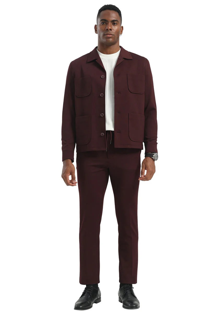 Men's Casual Walking Casual Suit Jacket and Pant Set in Burgundy Safari Military Style 70s Fashion