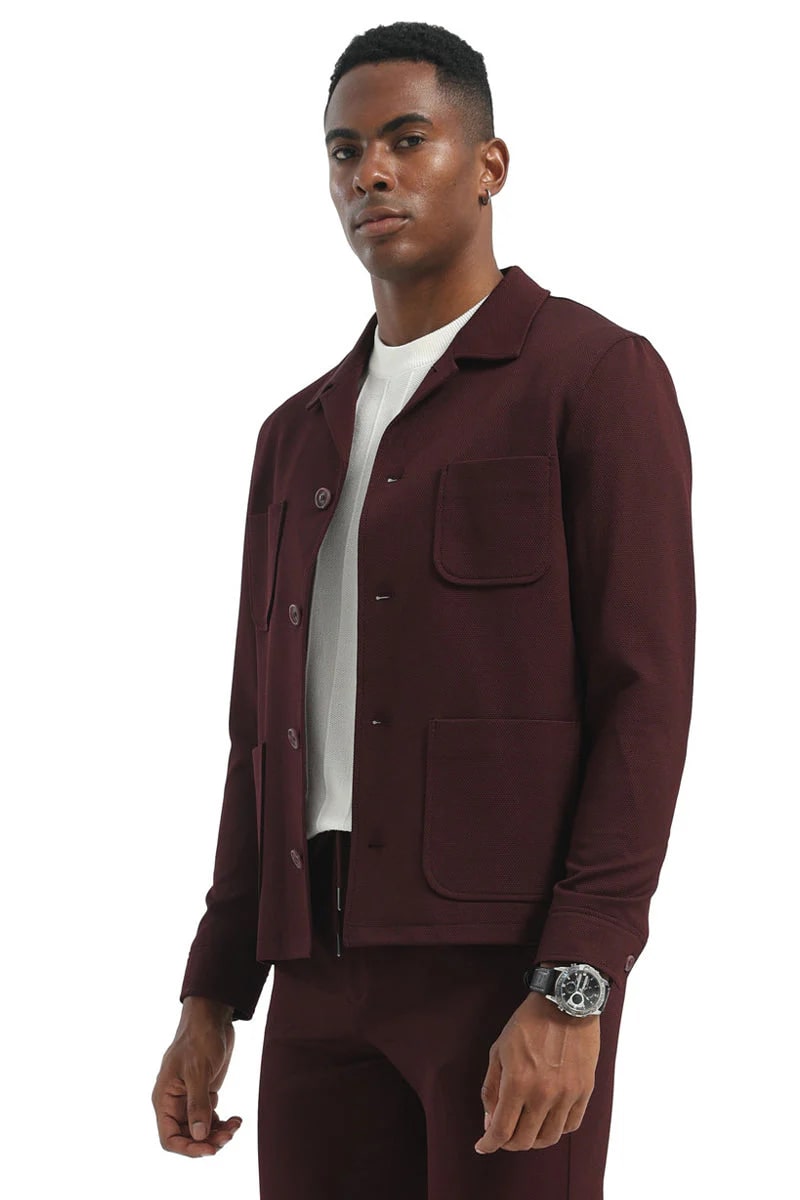 Men's Casual Walking Casual Suit Jacket and Pant Set in Burgundy Safari Military Style 70s Fashion
