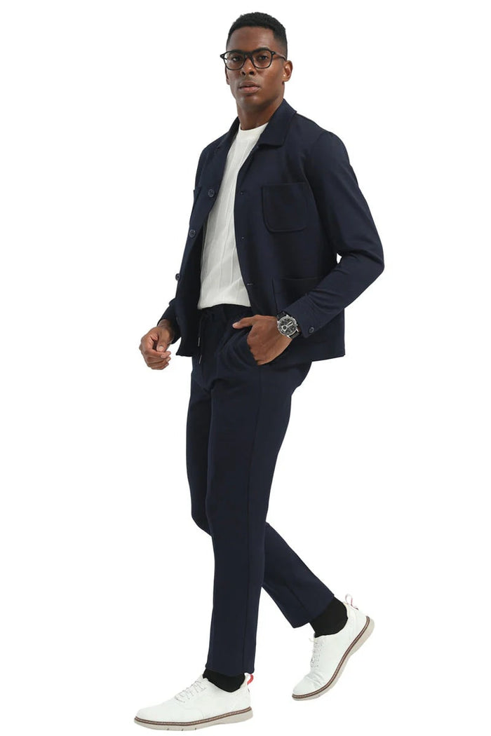 Men's Casual Walking Casual Suit Jacket and Pant Set in Navy Blue Safari Military Style 70s Fashion