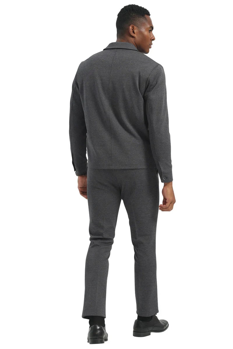 Mens Casual Walking Casual Suit Jacket and Pant Set in Grey Safari Military Style 70s Fashion