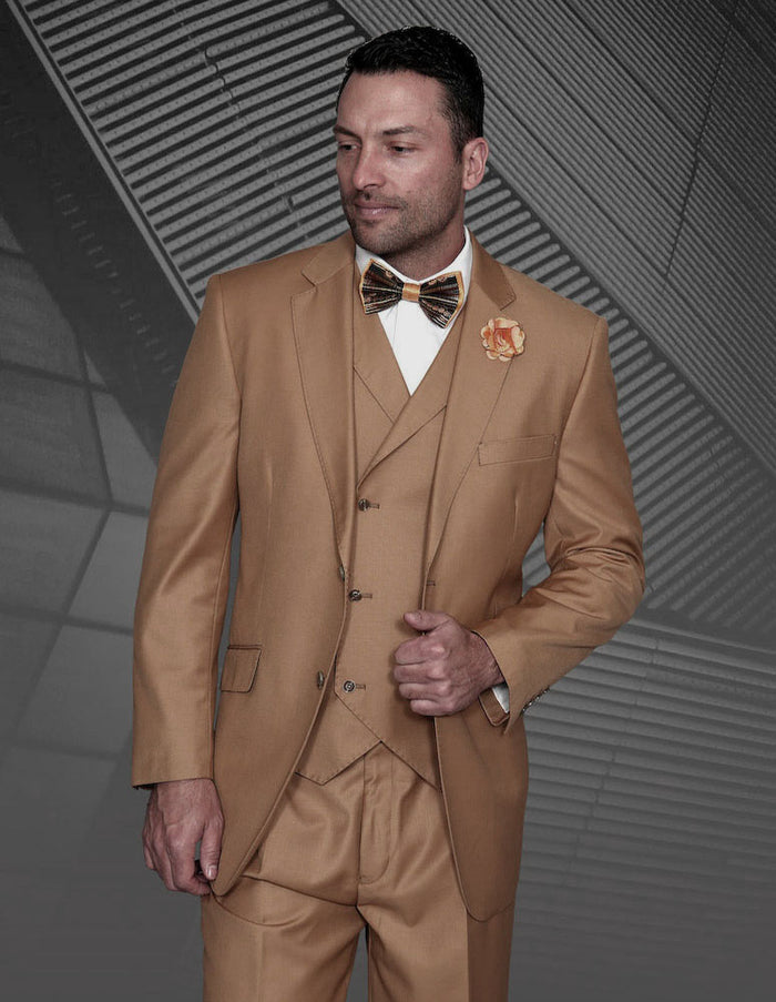 Mens 2 Button Classic Fit Pleated Pant Suit with Double Breasted Vest in Camel