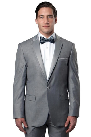 Mens Gray Tuxedo - Grey Wedding Suit-Mens  Skinny Fit  One Button Satin Trim Peak Lapel Prom & Wedding Tuxedo  In Grey