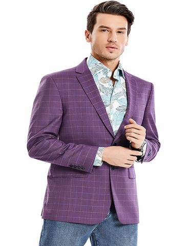 Men's Two Button Regular Fit Windowpane Magenta Plaid Sport Coat Blazer - Men's Tuxedo USA