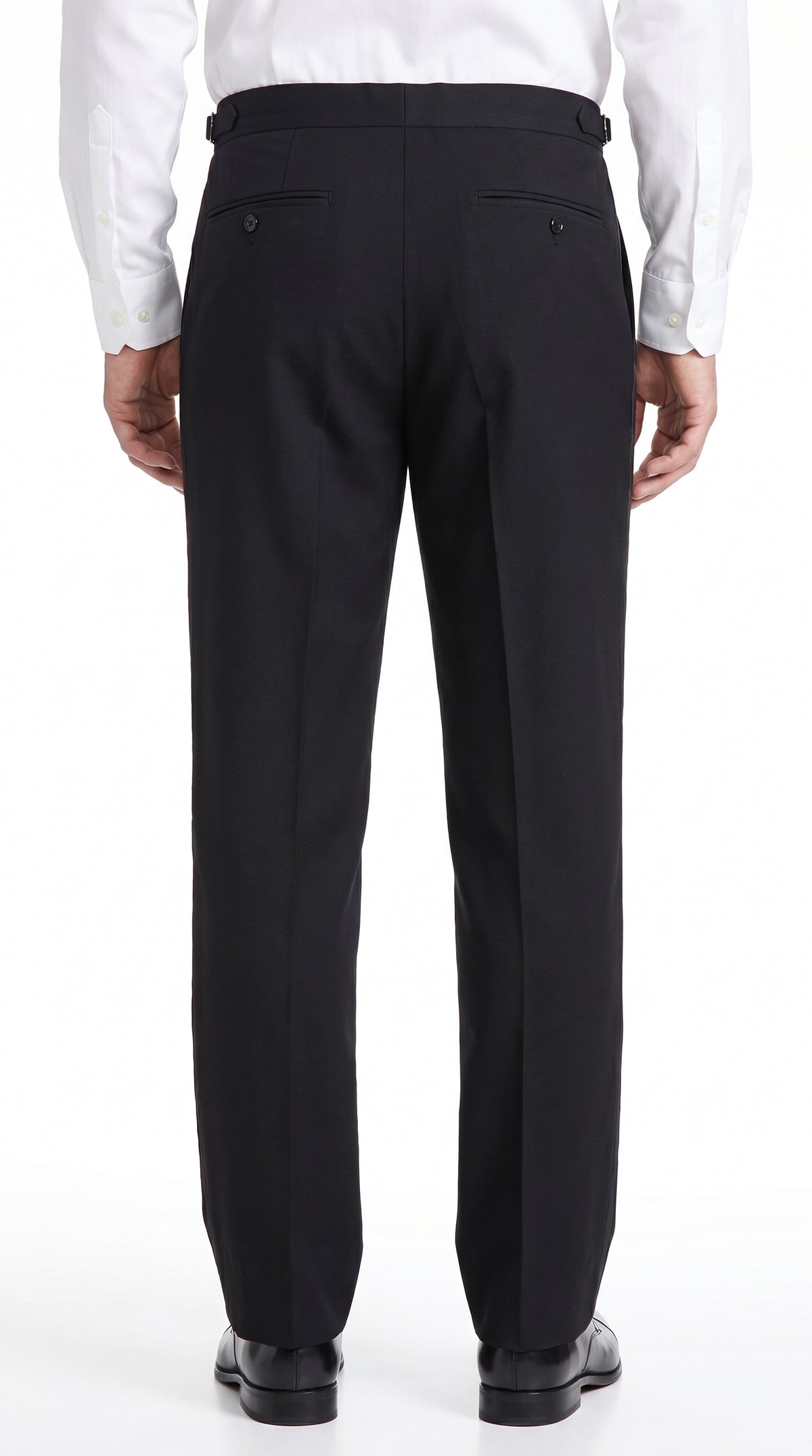 Men’s Black Super 100s Wool Tuxedo Pants, Double Pleated Formal Dress Pants with Unhemmed Bottoms