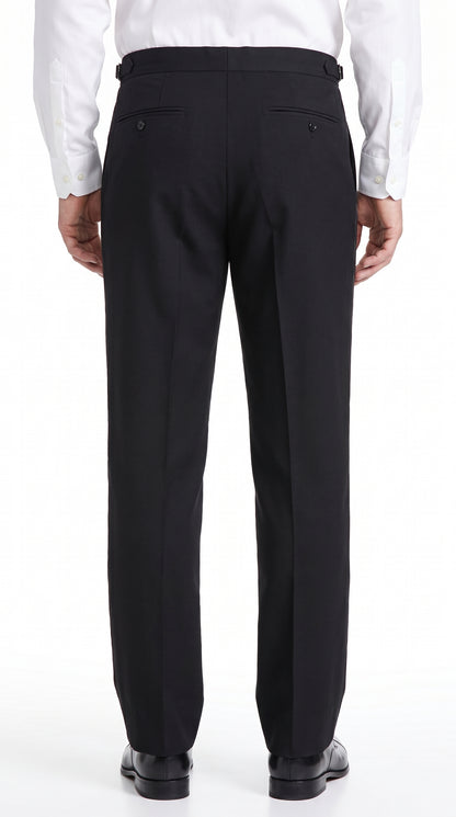 Men’s Black Super 100s Wool Tuxedo Pants, Double Pleated Formal Dress Pants with Unhemmed Bottoms