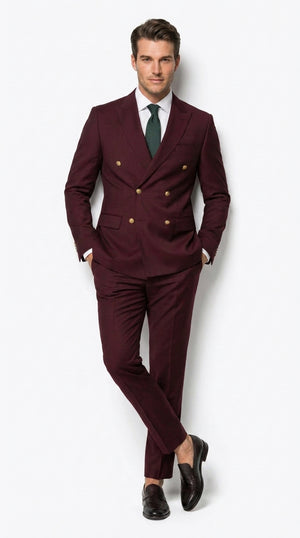 Men’s Burgundy Slim Fit Double Breasted Suit with Gold Buttons, Designer Formal Wedding Suit