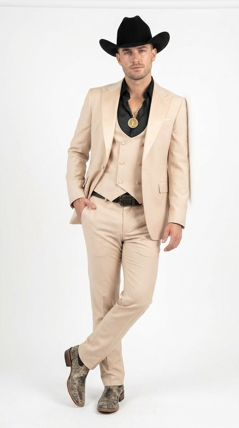 Men’s Light Beige Western 3 Piece Suit, Cowboy Tuxedo with Shawl Lapel