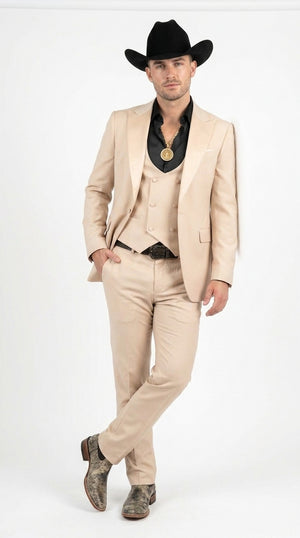 Men’s Light Beige Western 3 Piece Suit, Cowboy Tuxedo with Shawl Lapel