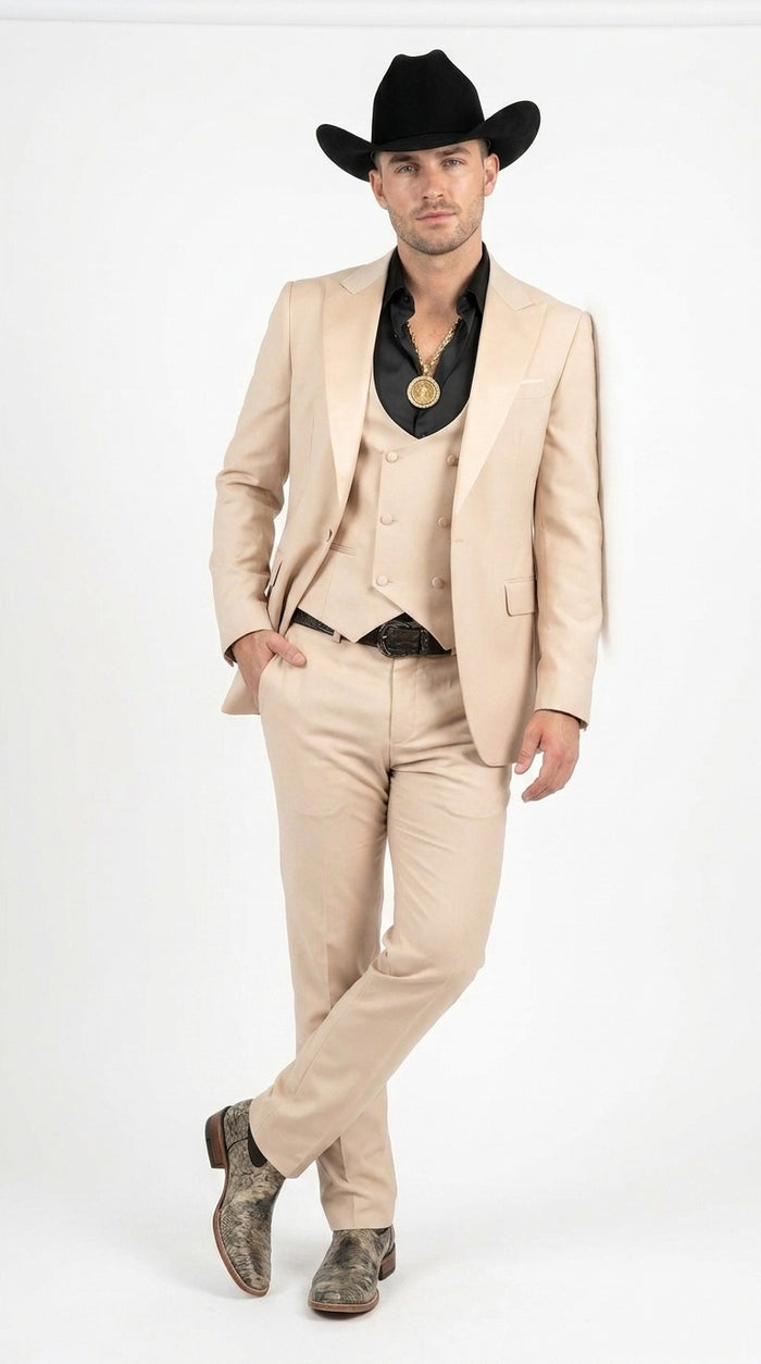 Men’s Light Beige Western 3 Piece Suit, Cowboy Tuxedo with Shawl Lapel