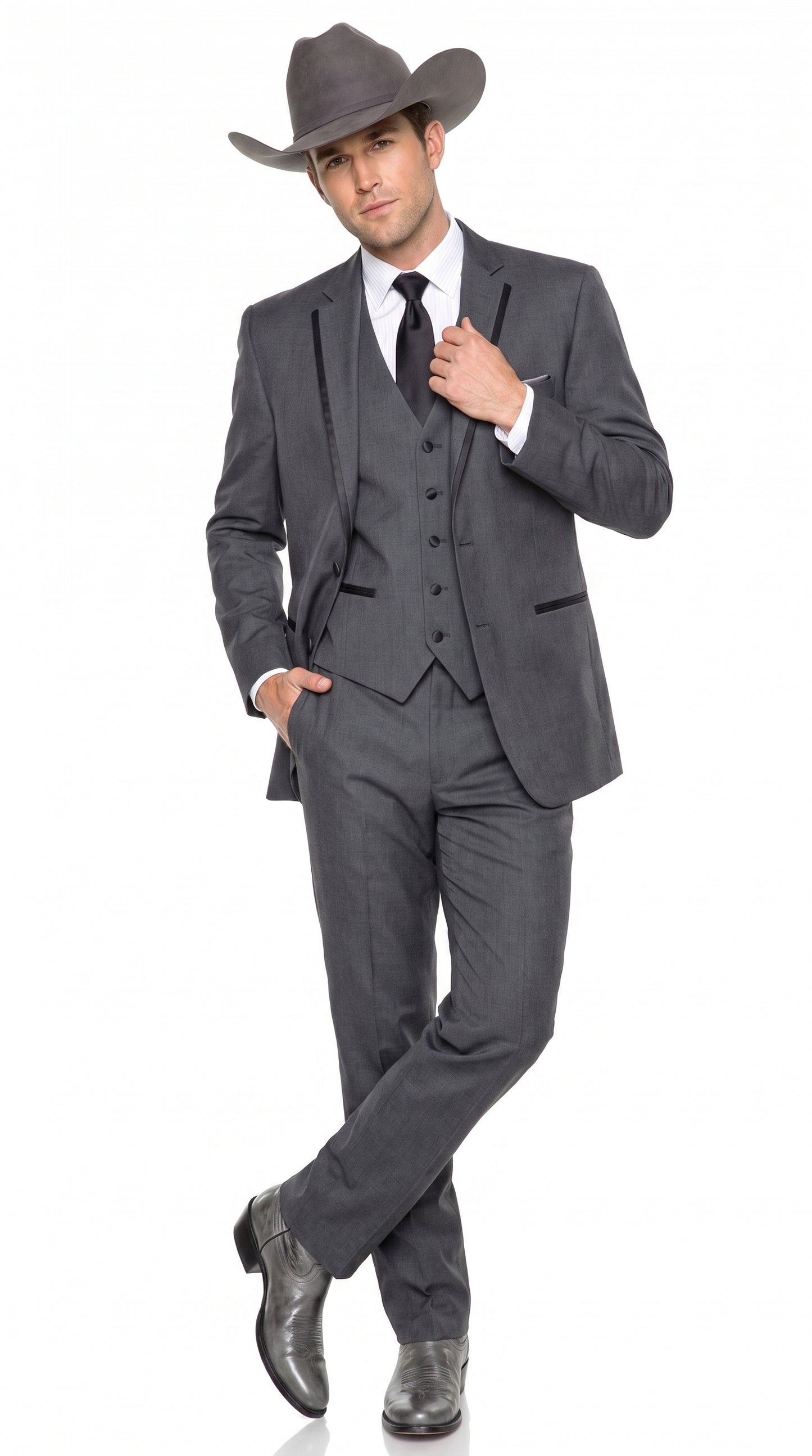 Men’s Charcoal Gray Western Tuxedo Suit, Cowboy Formal Trim Collar Jacket and Pants