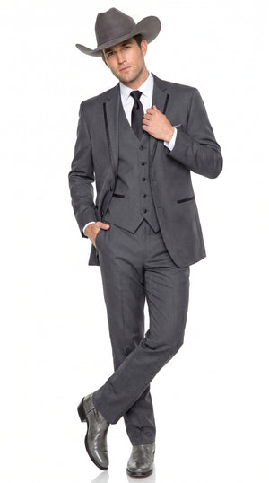 Men’s Charcoal Gray Western Tuxedo Suit, Cowboy Formal Trim Collar Jacket and Pants