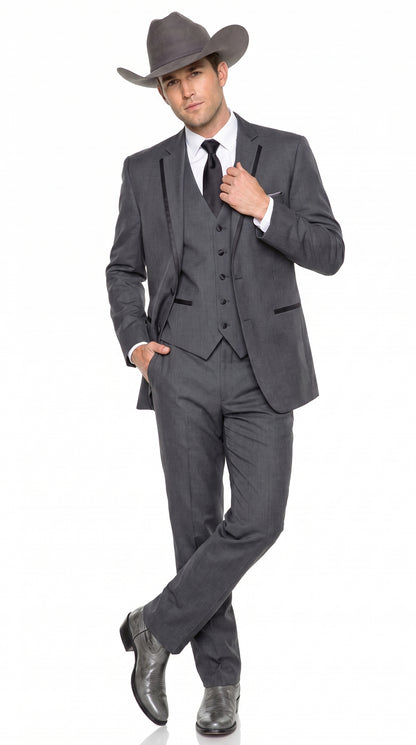Men’s Charcoal Gray Western Tuxedo Suit, Cowboy Formal Trim Collar Jacket and Pants