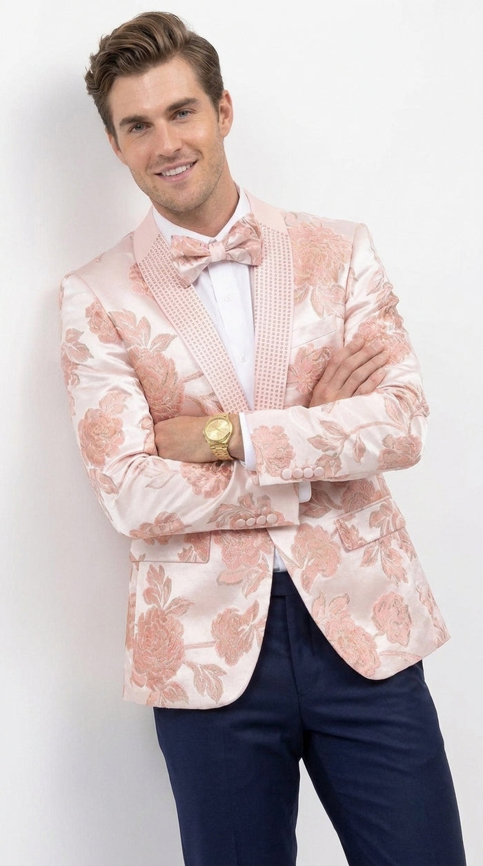 Men’s Pink Satin Paisley Prom Tuxedo Dinner Jacket, Floral Sport Coat Wedding Party Blazer
