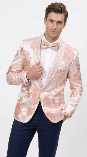 Men’s Pink Satin Paisley Prom Tuxedo Dinner Jacket, Floral Sport Coat Wedding Party Blazer