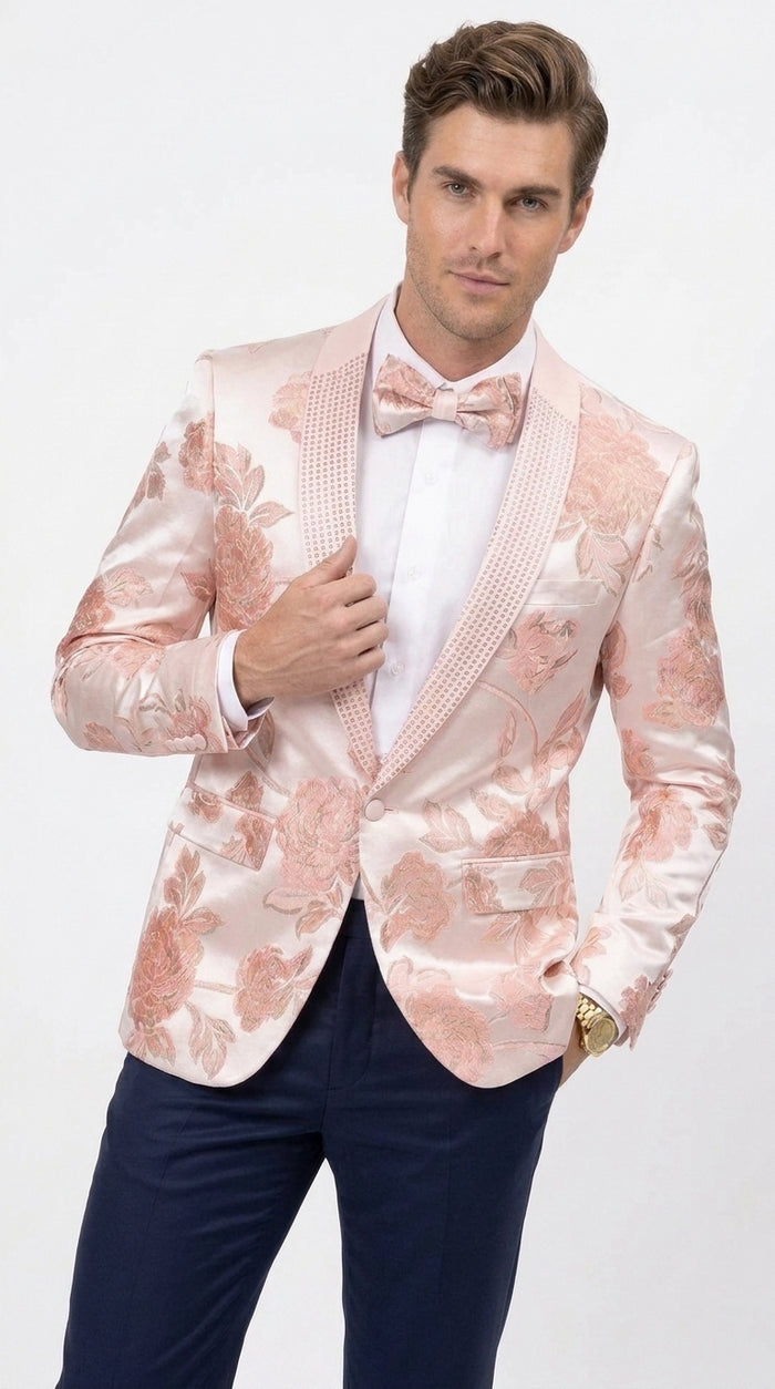 Men’s Pink Satin Paisley Prom Tuxedo Dinner Jacket, Floral Sport Coat Wedding Party Blazer