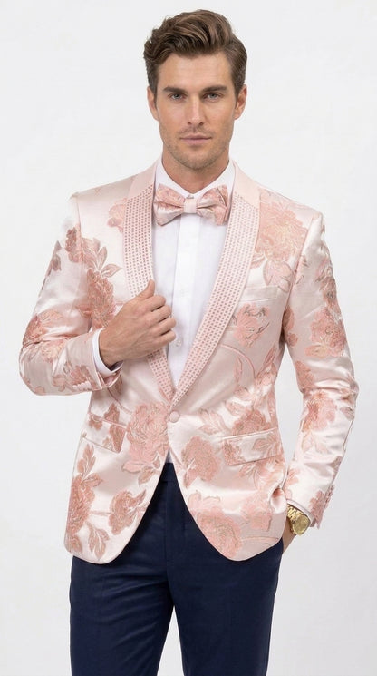Men’s Pink Satin Paisley Prom Tuxedo Dinner Jacket, Floral Sport Coat Wedding Party Blazer