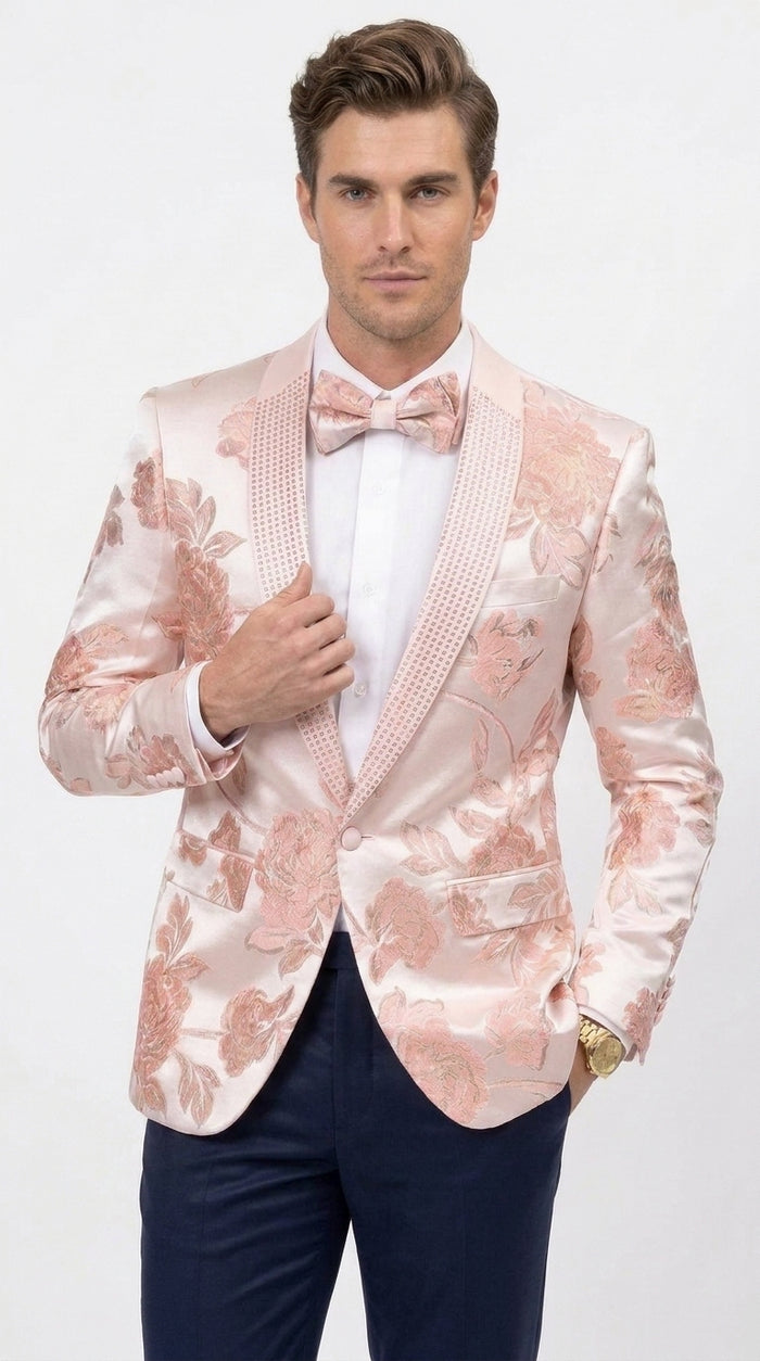 Men’s Pink Satin Paisley Prom Tuxedo Dinner Jacket, Floral Sport Coat Wedding Party Blazer