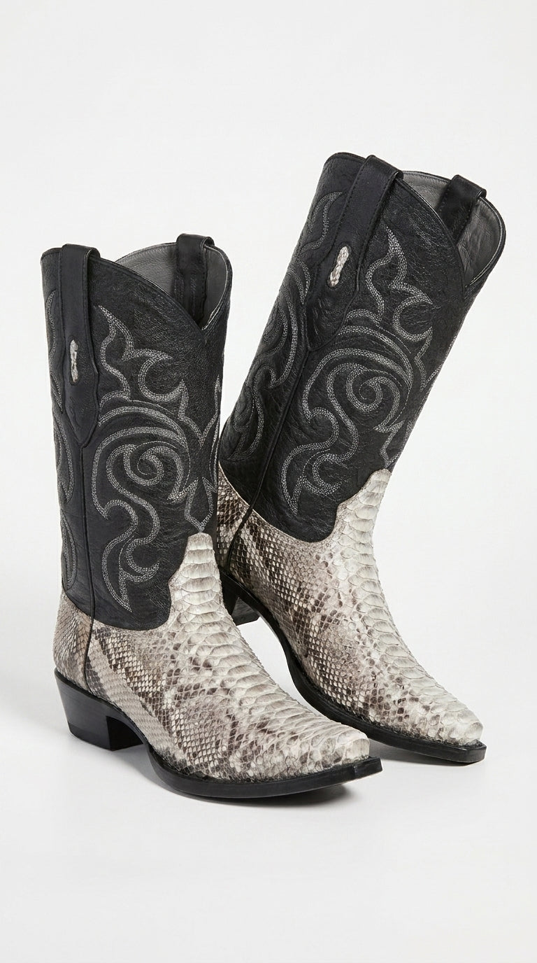 Men’s Natural Python Cowboy Boots – Exotic Snip Toe Western Dress Boots with Black Leather Shaft