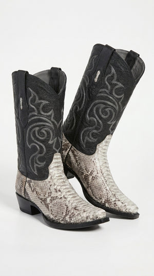 Men’s Natural Python Cowboy Boots – Exotic Snip Toe Western Dress Boots with Black Leather Shaft