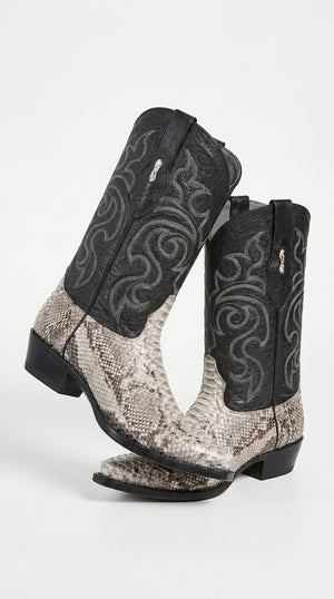 Men’s Natural Python Cowboy Boots – Exotic Snip Toe Western Dress Boots with Black Leather Shaft