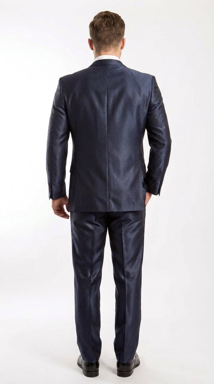 Men’s Navy Shiny Sharkskin Vested Suit, Tazio Formal Wedding Prom Dress Suit