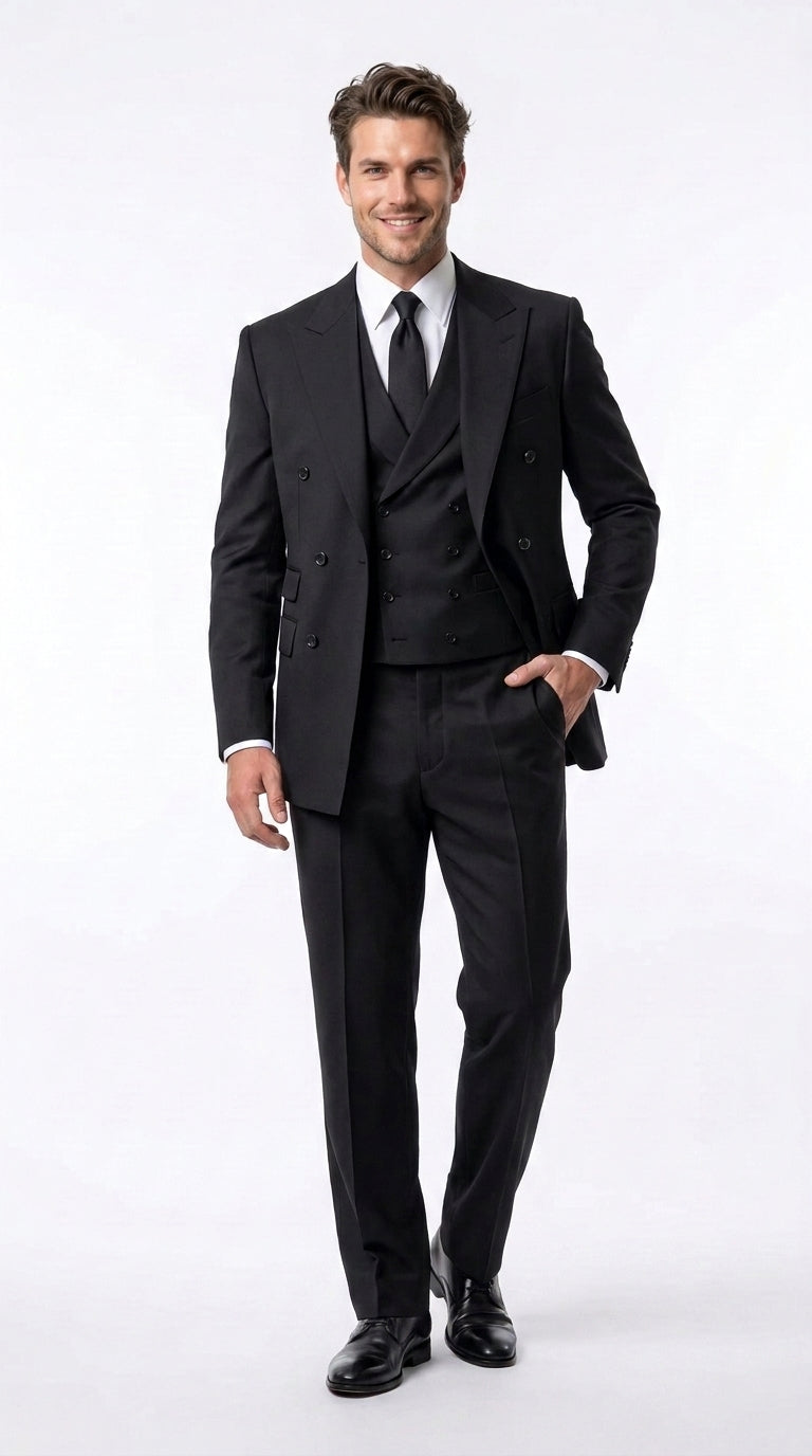 Tiglio Rosso Men’s Gray Super 150’s Italian Wool 3-Piece Suit – Double-Breasted Jacket, Vest and Wide-Leg Pants
