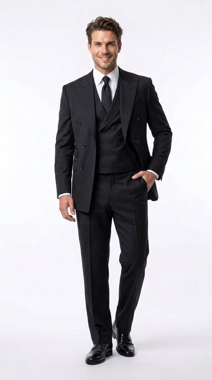 Tiglio Rosso Men’s Gray Super 150’s Italian Wool 3-Piece Suit – Double-Breasted Jacket, Vest and Wide-Leg Pants