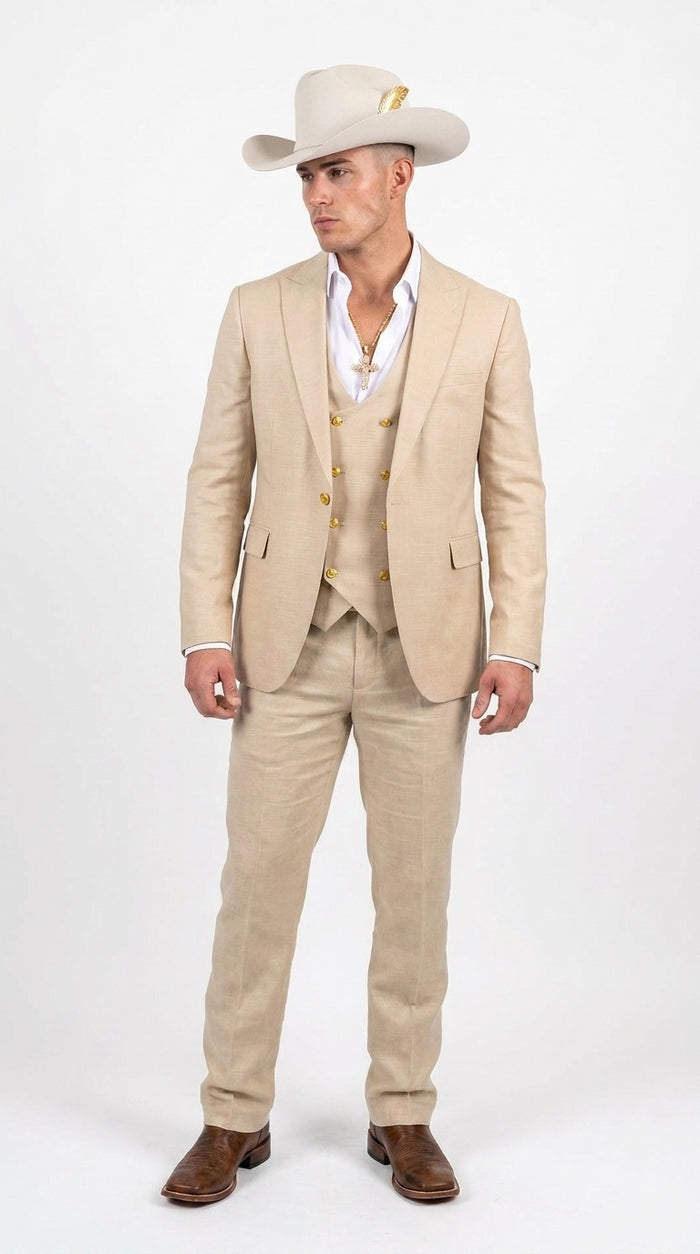 Men’s Light Beige 3-Piece Suit – Peak Lapel Jacket, Double-Breasted Vest and Matching Pants