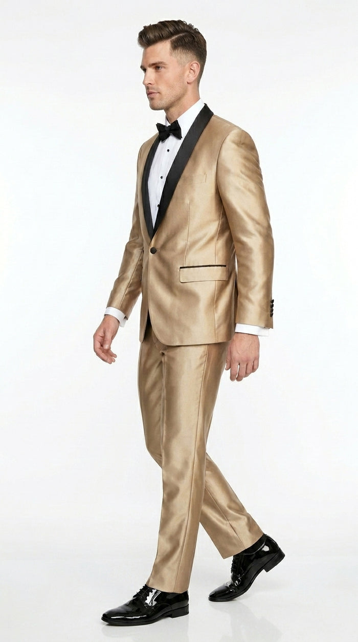 Men’s Gold Shiny Sharkskin Tuxedo with One Button Jacket, Black Shawl Lapel and Matching Pants
