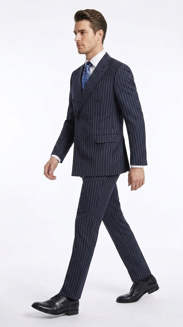 Men’s Navy Pinstripe Double-Breasted Suit – 1920s Gangster Wedding, Gatsby and Formal Suit