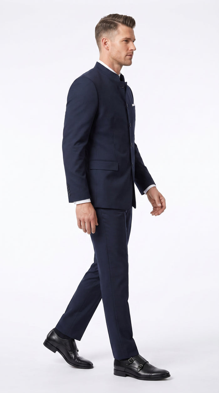 Men’s Dark Navy Blue Mandarin Collar Suit, Banded Collar Formal Wedding Business Dress Suit