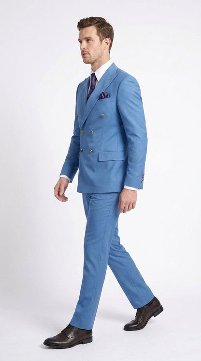 Men’s Sky Blue Double Breasted Suit with Gold Buttons, Designer Formal Wedding Business Suit
