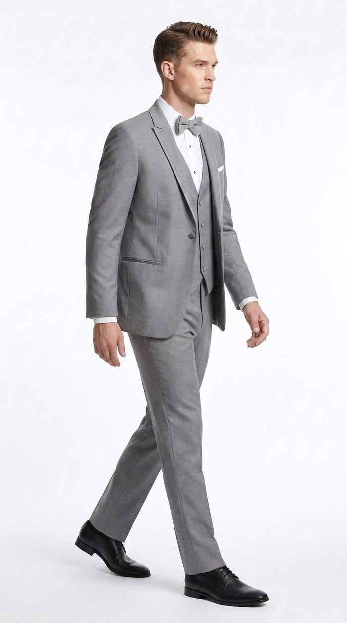 Men’s Light Grey Wedding Tuxedo Suit, Designer Formal Prom Groom Suit with Satin Trim
