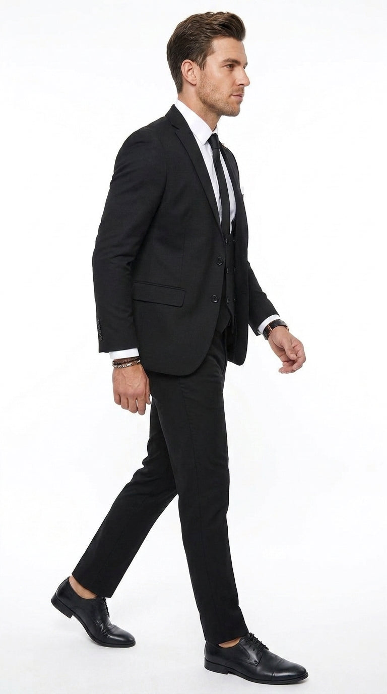 Men’s Black 2 Button Suit with Double Breasted Vest, White Shirt and Black Tie Formal Set